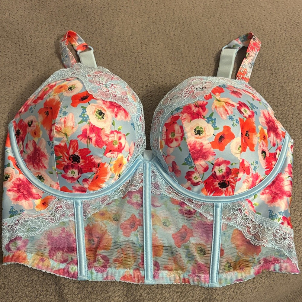 Victoria's Secret Floral Lace Longline Bra - Blue and Pink
